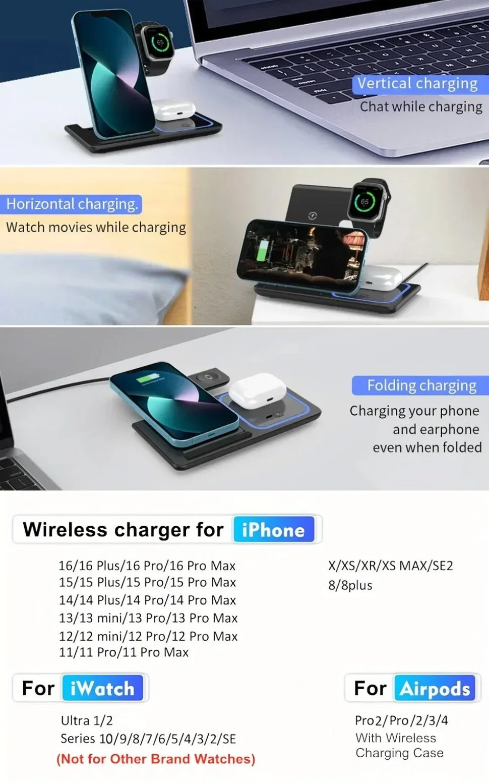 Foldable 3 in 1 Wireless Charging Station for Phones